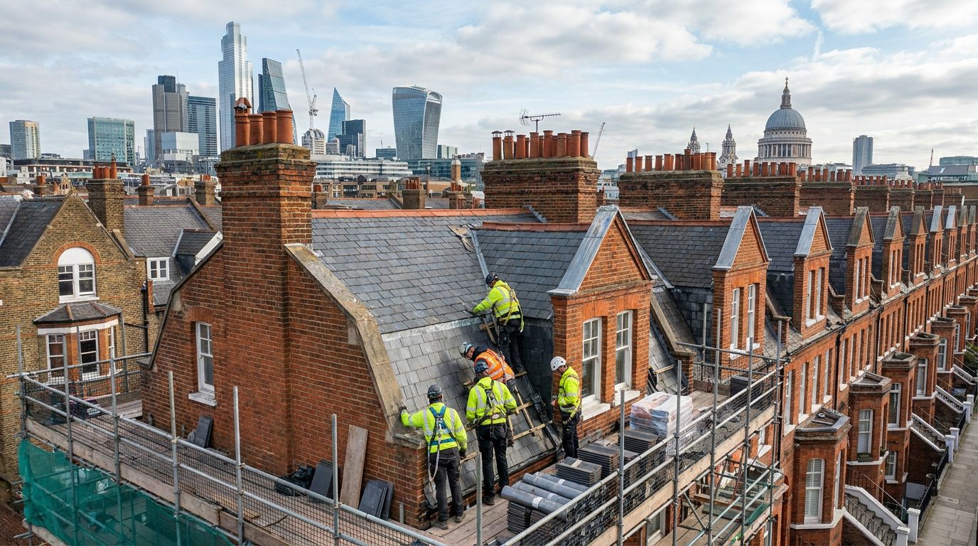 Roofers laying a slate roof on a London terrace with the City of London skyline behind
