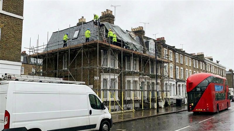 Emergency roof repair under way on a London property